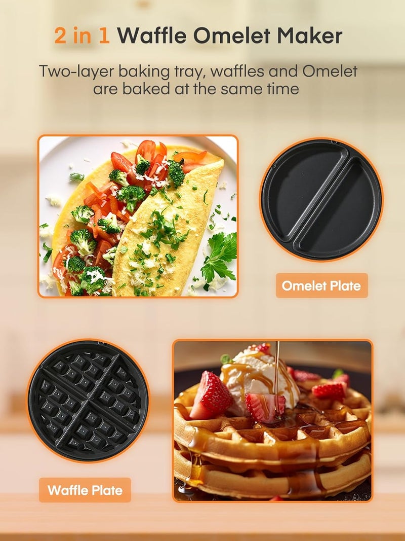 FOHERE 2-in-1 Omelette Maker&Waffle Maker, 1400W Omelet Waffle Maker 180° Flip, Adjustable Browning Control, Non-Removable & Nonstick Pans, Make Two Omelet and One Waffle at Once for Home (Dark Black) - Image 3